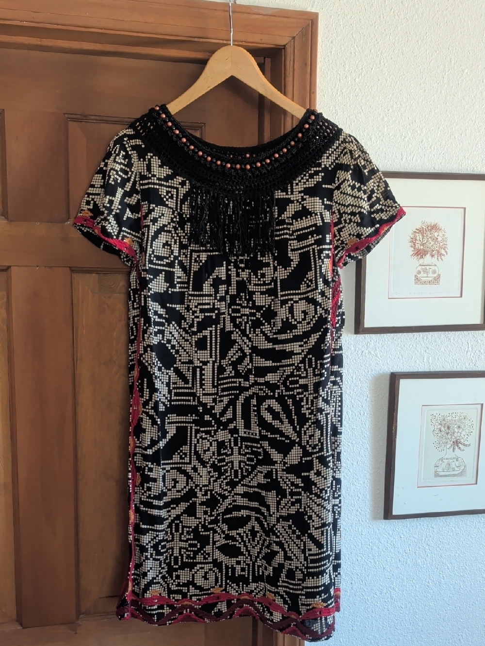 Floreat Black Beaded Fringe Mini Dress with Ivory Pattern and Red Trim